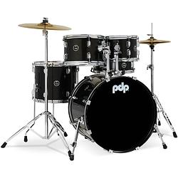 Foto van Pdp drums center stage fusion iridescent black sparkle 5d. drumstel met bekkens en hardware