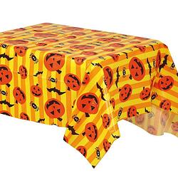 Foto van Halloween/horror thema feest tafelkleed - pompoenen/vleermuizen - geel - pvc - 130 x 175 cm - feesttafelkleden