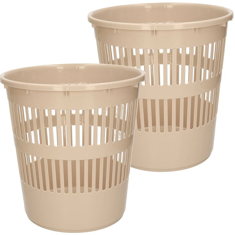 Foto van Plasticforte afvalbak/vuilnisbak/kantoor prullenbak - 2x stuks - plastic - beige - 28 cm - prullenmanden