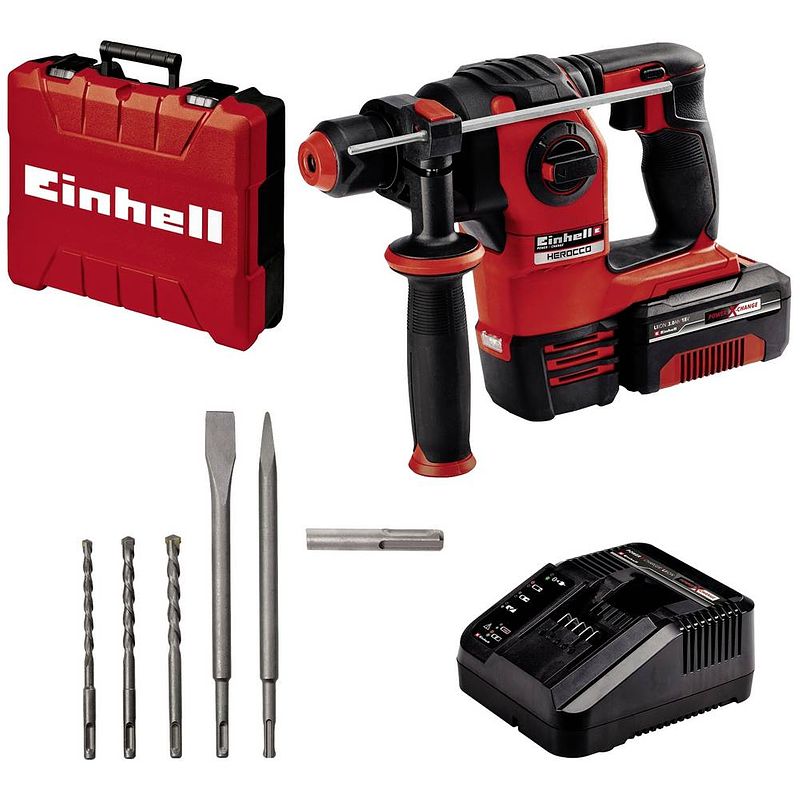 Foto van Einhell power x-change herocco kit +5 (1x3,0ah) sds-plus-accu-boorhamer 18 v 3.0 ah li-ion incl. accu, incl. koffer, incl. accessoires