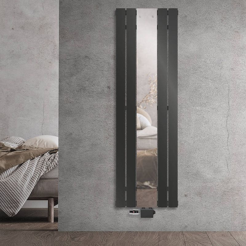 Foto van Platte badkamerradiator met spiegel en universele aansluitset 1600x450 mm antraciet ml-design