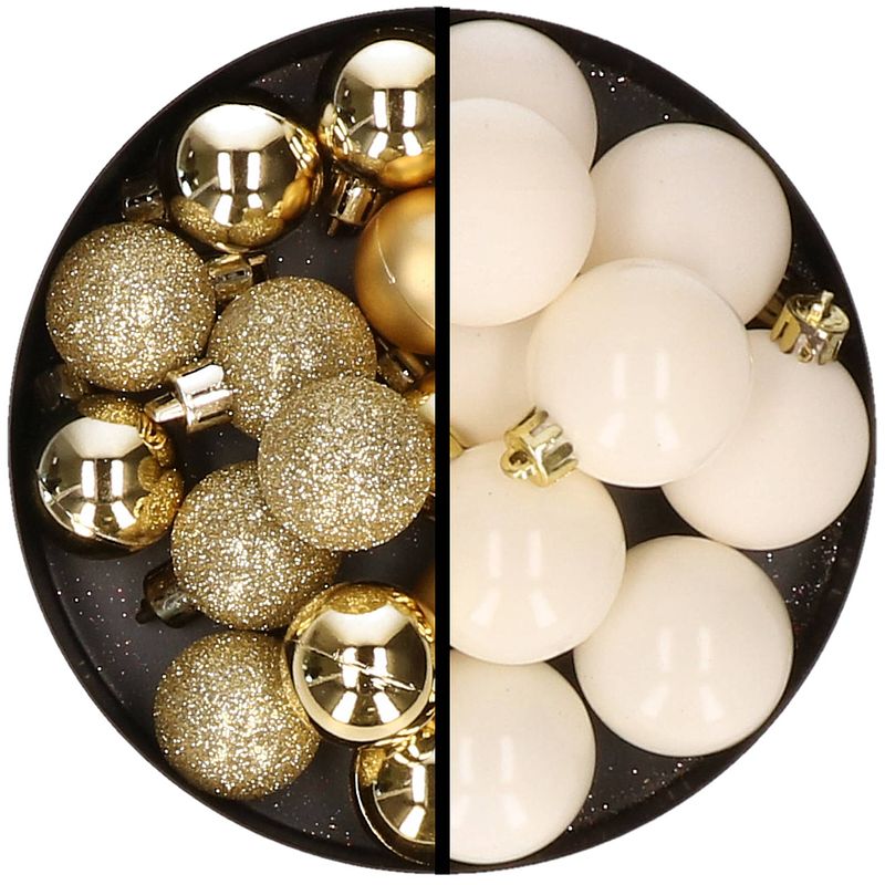 Foto van 36x stuks kunststof kerstballen goud en wol wit 3 en 4 cm - kerstbal