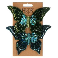 Foto van 2x stuks kunststof decoratie vlinders op clip groen/blauw 10 x 15 cm - kunstbloemen