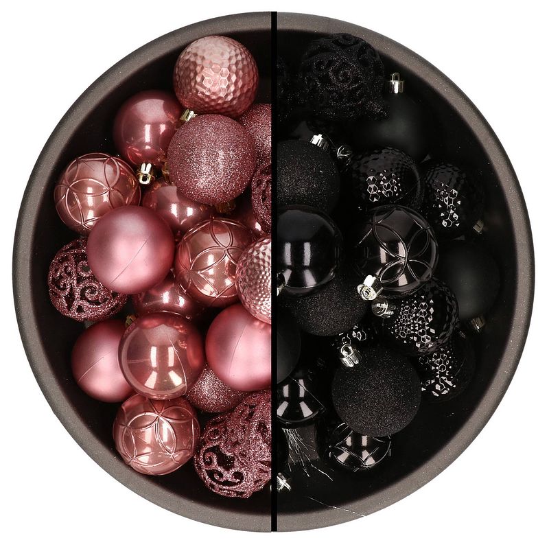 Foto van 74x stuks kunststof kerstballen mix van velvet roze en zwart 6 cm - kerstbal