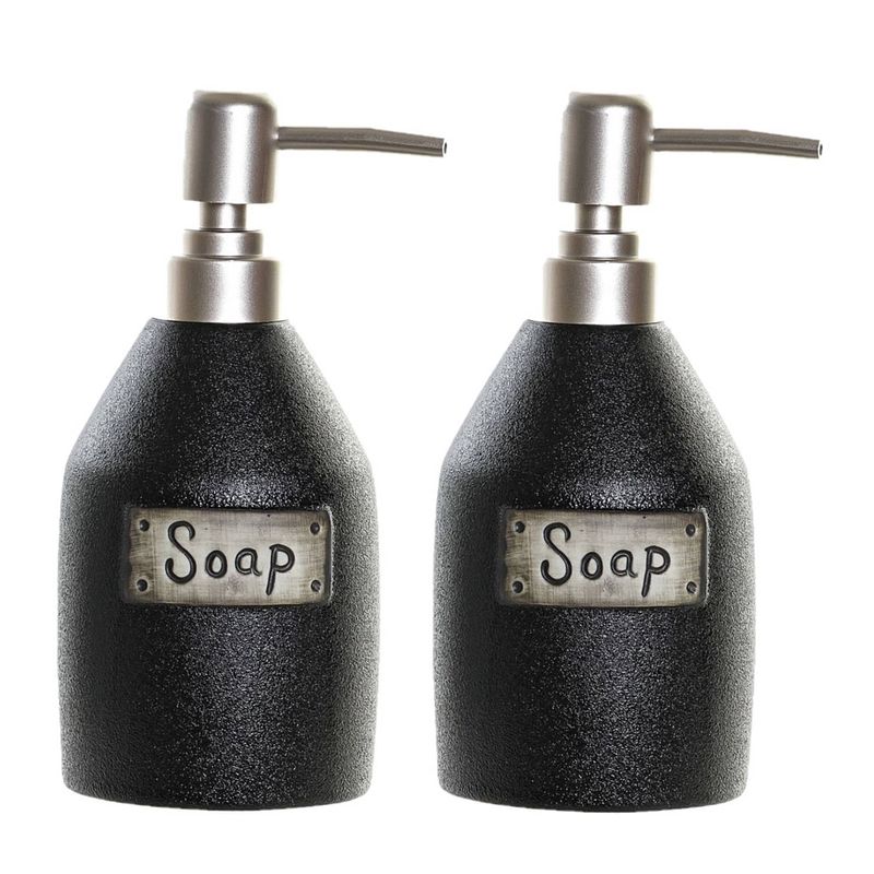 Foto van 2x stuks zeeppompjes/zeepdispensers zwart polystone 350 ml - zeeppompjes