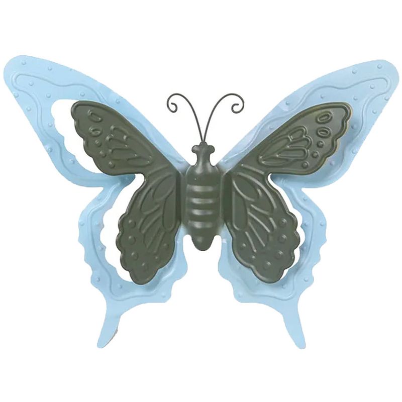Foto van Mega collections tuin/schutting decoratie vlinder - metaal - blauw - 17 x 13 cm - tuinbeelden