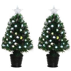 Foto van 2x groene glasvezel kunstkerstbomen 90 cm met led lampjes - kunstkerstboom