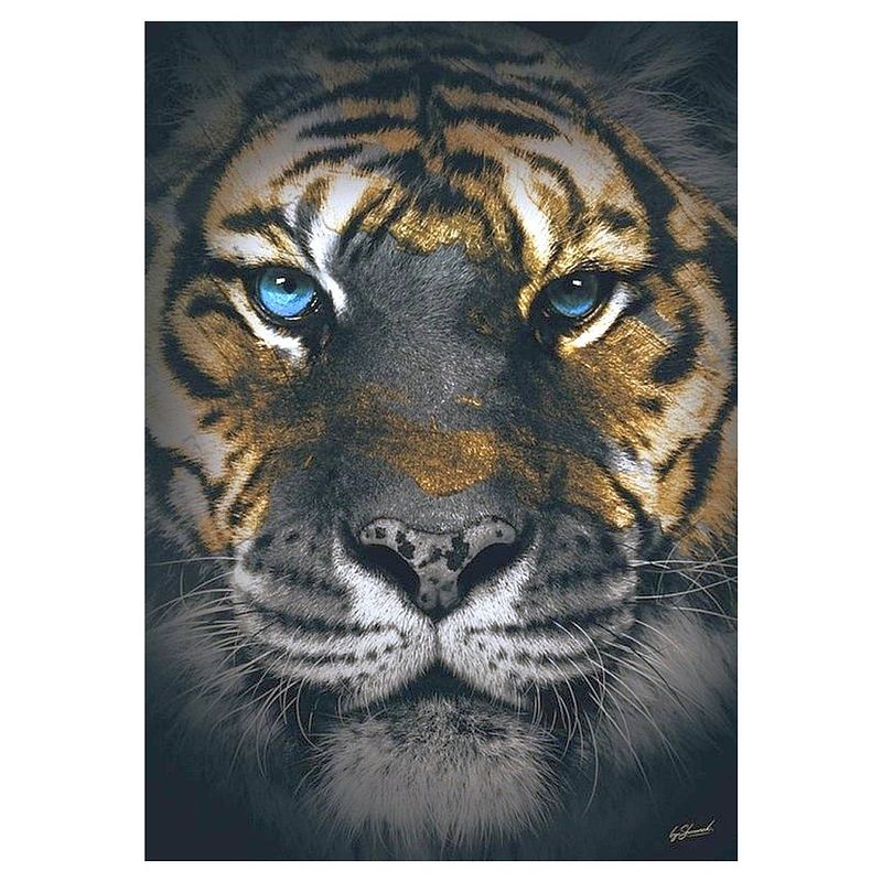 Foto van Glasschilderij tijger met blauw ogen 120 x 80 cm