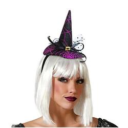 Foto van Halloween heksenhoed - mini hoedje op diadeem - one size - zwart/paars - meisjes/dames - verkleedhoofddeksels