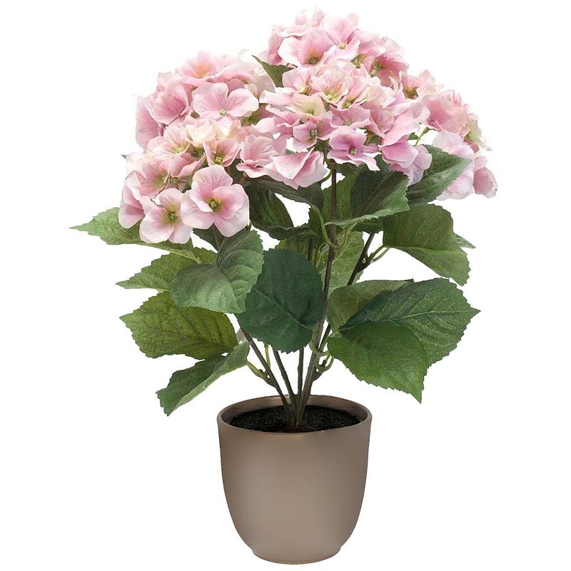 Foto van Hortensia kunstplant/kunstbloemen 40 cm - roze - in pot taupe mat - kunstplanten