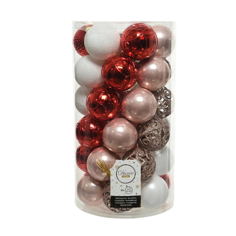 Foto van 37x stuks kunststof kerstballen lichtroze(blush)/rood/wit 6 cm mat/glans/glitter - kerstbal