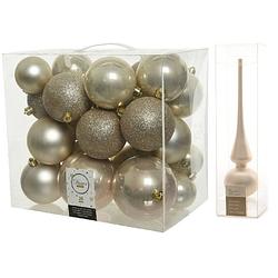 Foto van Kerstversiering kunststof kerstballen met piek parel/champagne 6-8-10 cm pakket van 27x stuks - kerstbal