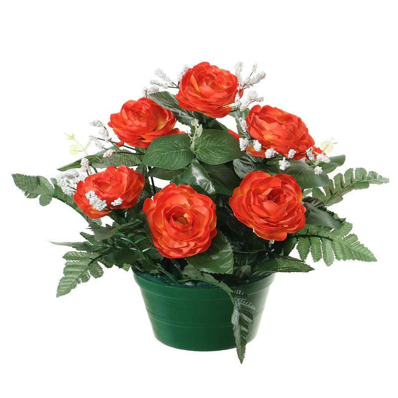 Foto van Louis maes kunstbloemen plantje in pot - rood - 25 cm - bloemstuk ornament - rozen met bladgroen - kunstbloemen