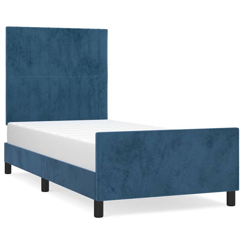 Foto van The living store bedframe - fluweel - verstelbare hoogte - multiplex lattenbodem - donkerblauw - 203x103x118/128cm