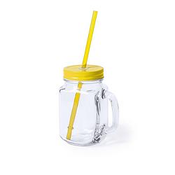 Foto van 1x stuks glazen mason jar drinkbekers gele dop en rietje 500 ml - drinkbekers