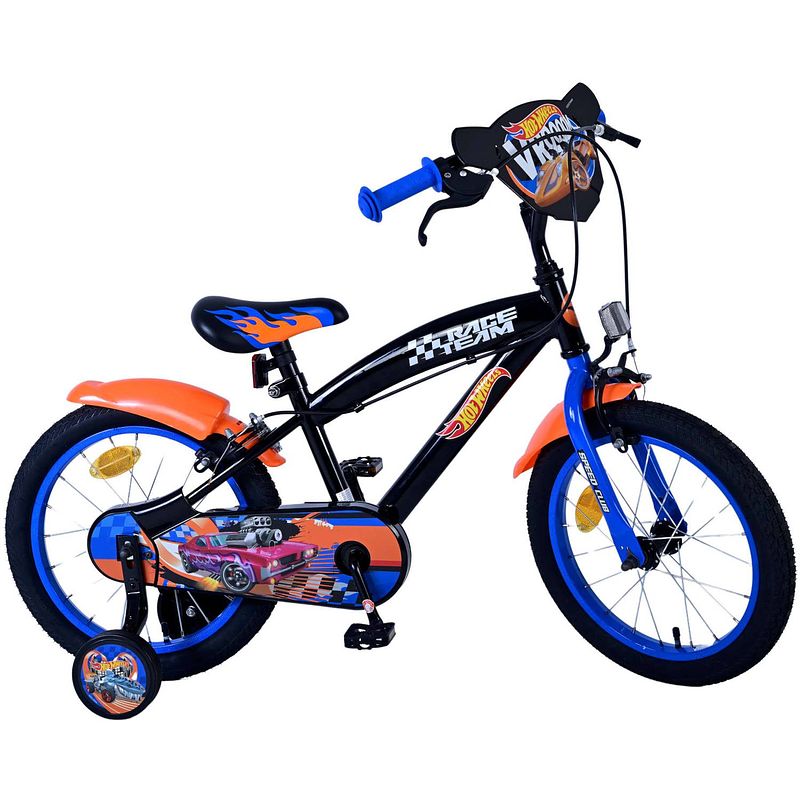 Foto van Hot wheels kinderfiets - jongens - 16 inch - zwart oranje blauw - twee handremmen