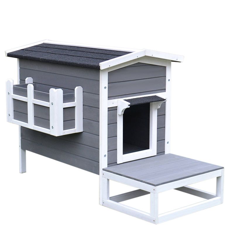 Foto van Kattenvilla met terras en balkon - kattenhuis - kattenhok - katten - kattenspeeltjes - 115 x 66,5 x 74,7 cm - hout