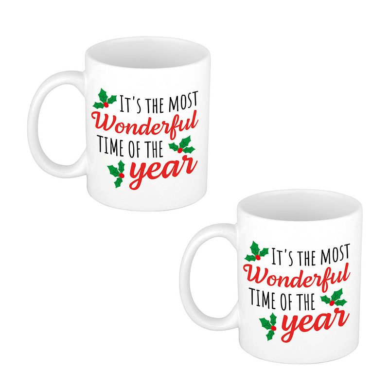 Foto van 2x stuks most wonderful time of year kerstmis cadeau kerstmok / kerstbeker wit 300 ml - bekers