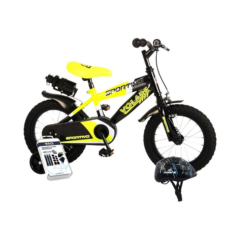 Foto van Volare kinderfiets sportivo - 14 inch - geel/zwart - met fietshelm & accessoires