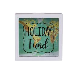 Foto van Witte plastic spaarpot, vakantie fonds - doorzichtig - compact formaat - white plastic savings box, holiday fund -