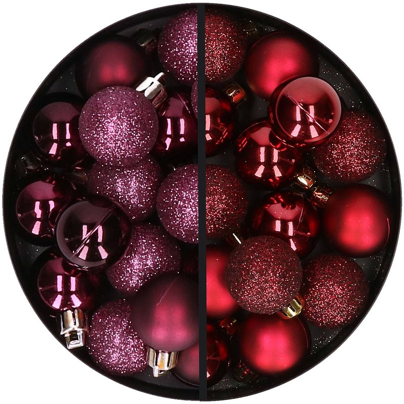 Foto van 34x stuks kunststof kerstballen aubergine paars en donkerrood 3 cm - kerstbal