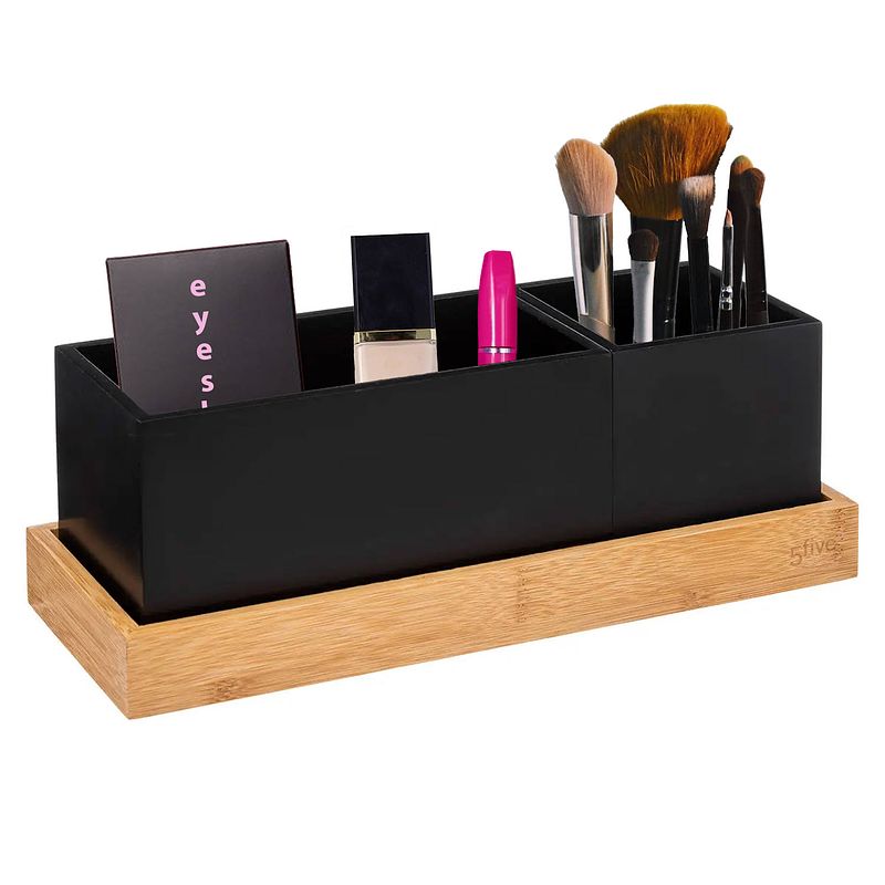 Foto van Kast/lade/make-up organizer - zwart - 29 x 11 x 11 cm - bamboe hout - make-up dozen