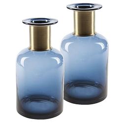 Foto van 2x stuks flesvazen glas donkerblauw 12 x 23 cm - vazen