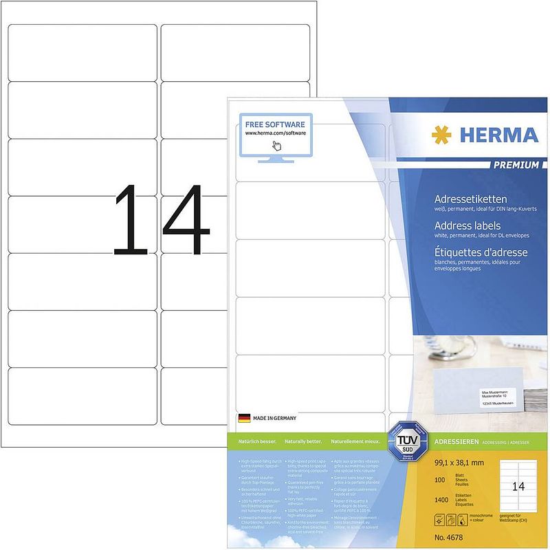 Foto van Herma 4678 etiketten 99.1 x 38.1 mm papier wit 1400 stuk(s) permanent adresetiketten inkt, laser, kopie 100 vel din a4