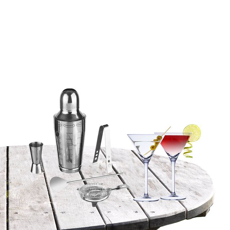 Foto van Cocktailshaker set rvs 5-delig inclusief 4x cocktail/martini glazen 220 ml - cocktailshakers