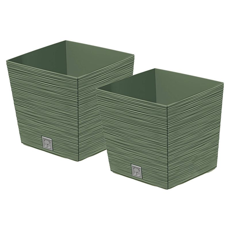 Foto van Prosperplast plantenpot/bloempot furu stripes - 2x - voor buiten - kunststof - bosgroen - vierkant - d29.5 x h29 cm - pl