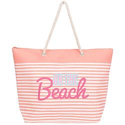 Foto van Strandtas met handvat roze/wit gestreept met on the beach print polyester 38 x 39 cm - strandtassen