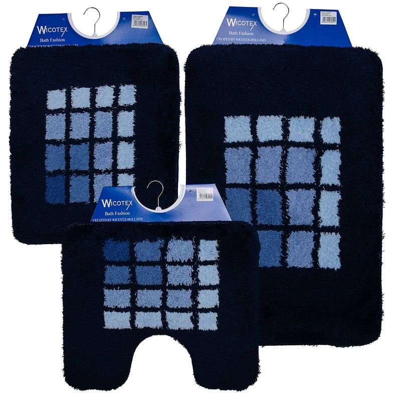 Foto van Wicotex-badmatset-badmat-toiletmat-bidetmat blauwe rand blauw