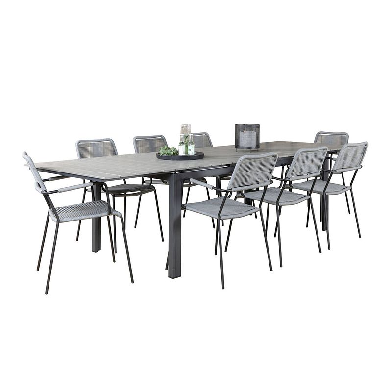 Foto van Levels tuinmeubelset tafel 100x229/310cm en 8 stoel armleuning lindos zwart, grijs.