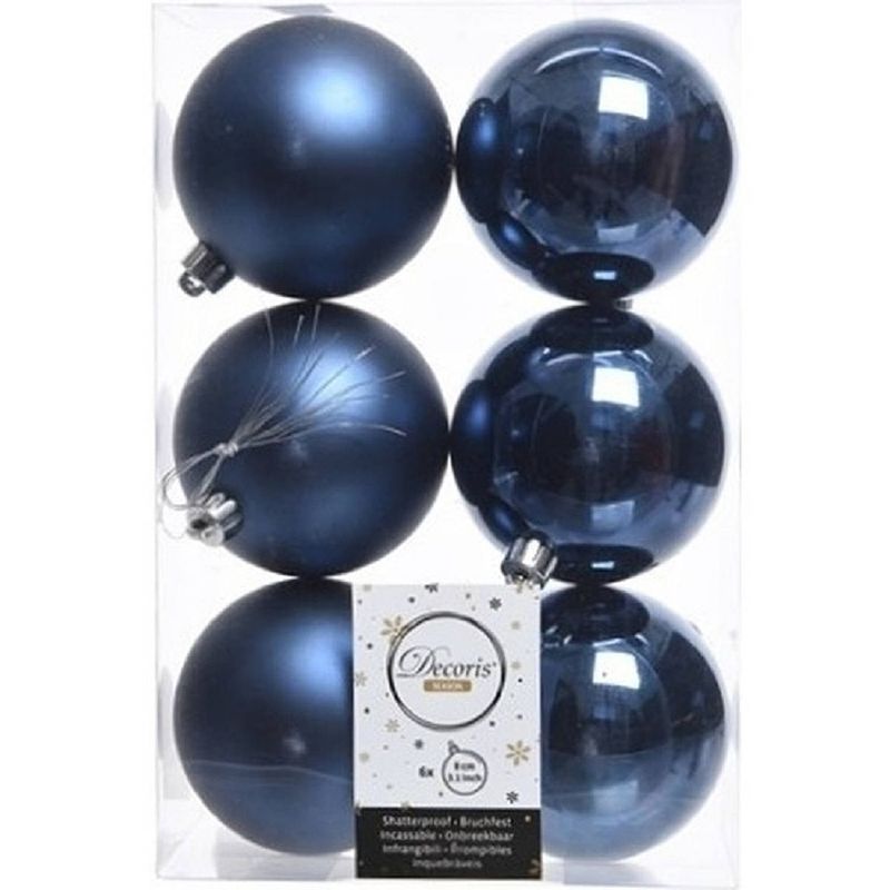 Foto van 6x kunststof kerstballen glanzend/mat donkerblauw 8 cm kerstboom versiering/decoratie - kerstbal