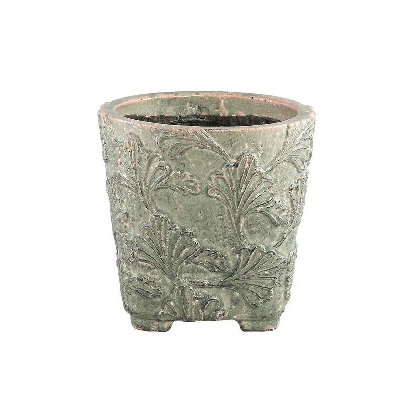 Foto van Ptmd serino grey ceramic pot leaves pattern round low x