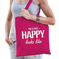 Foto van This is what happy looks like cadeau tas roze voor dames - feest boodschappentassen