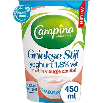 Foto van Campina griekse stijl yoghurt 1,8% vet met 'sn vleugje aardbei 450g bij jumbo