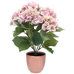 Foto van Hortensia kunstplant/kunstbloemen 40 cm - roze - in pot lichtroze glans - kunstplanten