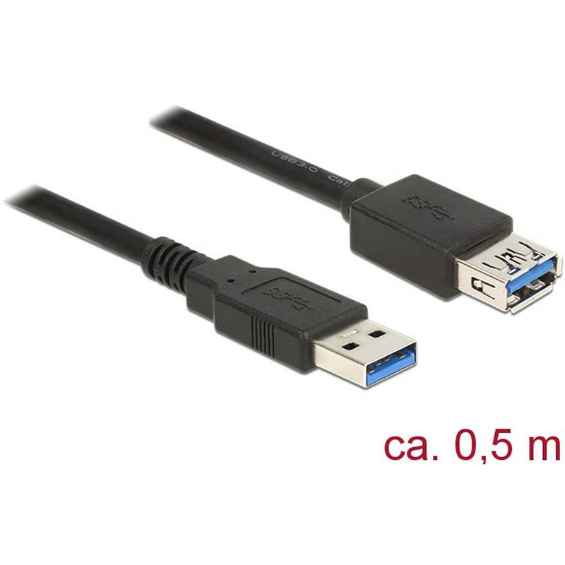 Foto van Delock usb-kabel usb 3.2 gen1 (usb 3.0 / usb 3.1 gen1) usb-a stekker, usb-a bus 50.00 cm zwart vergulde steekcontacten 85053