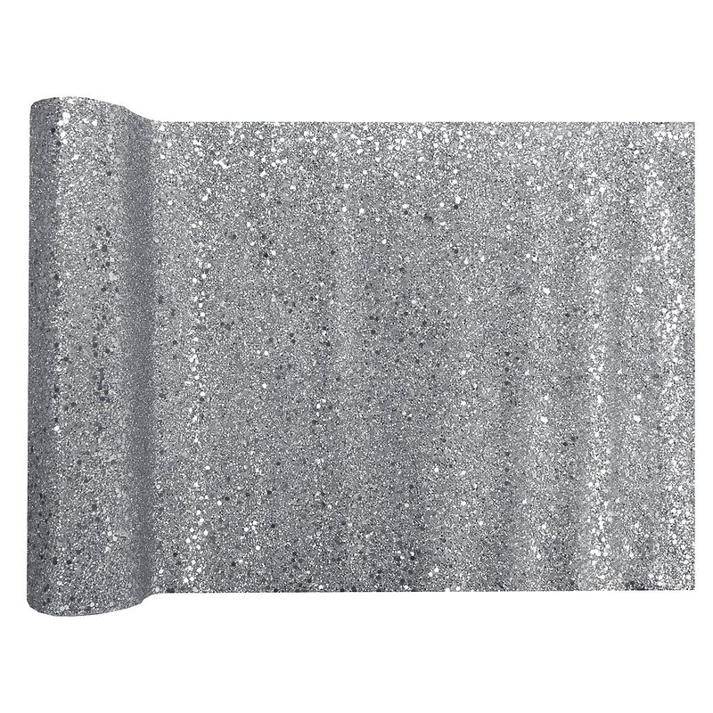 Foto van Kerst thema tafelloper op rol - zilver glitter - 28 x 300 cm - polyester - tafellakens