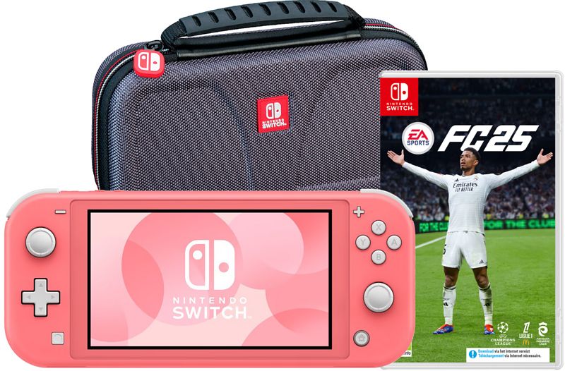 Foto van Nintendo switch lite koraal + ea sports fc 25 + bigben beschermtas