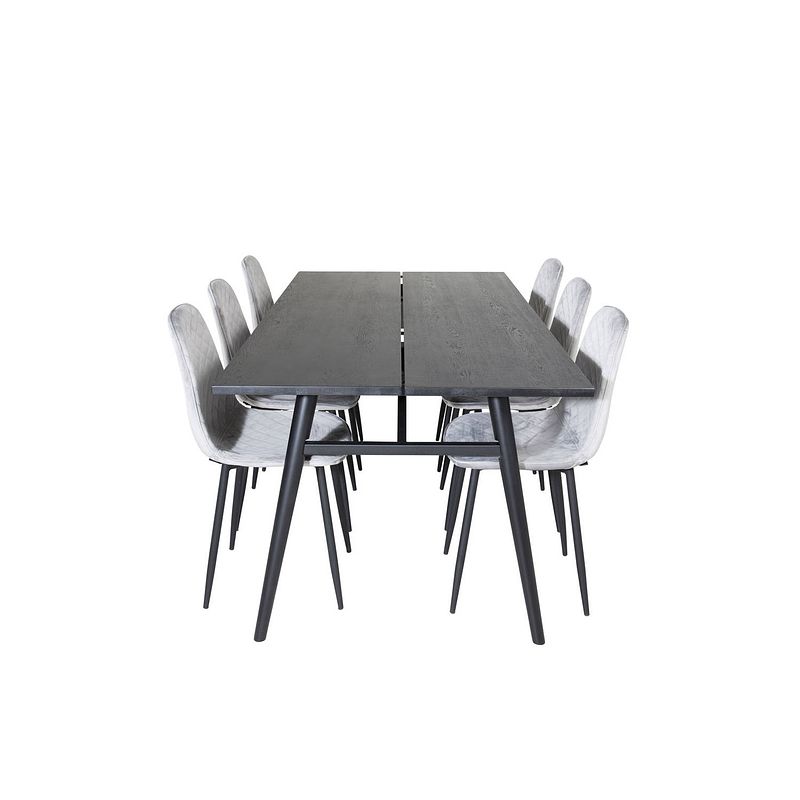 Foto van Sleek eethoek eetkamertafel uitschuifbare tafel lengte cm 195 / 280 zwart en 6 polar diamond eetkamerstal velours grijs.