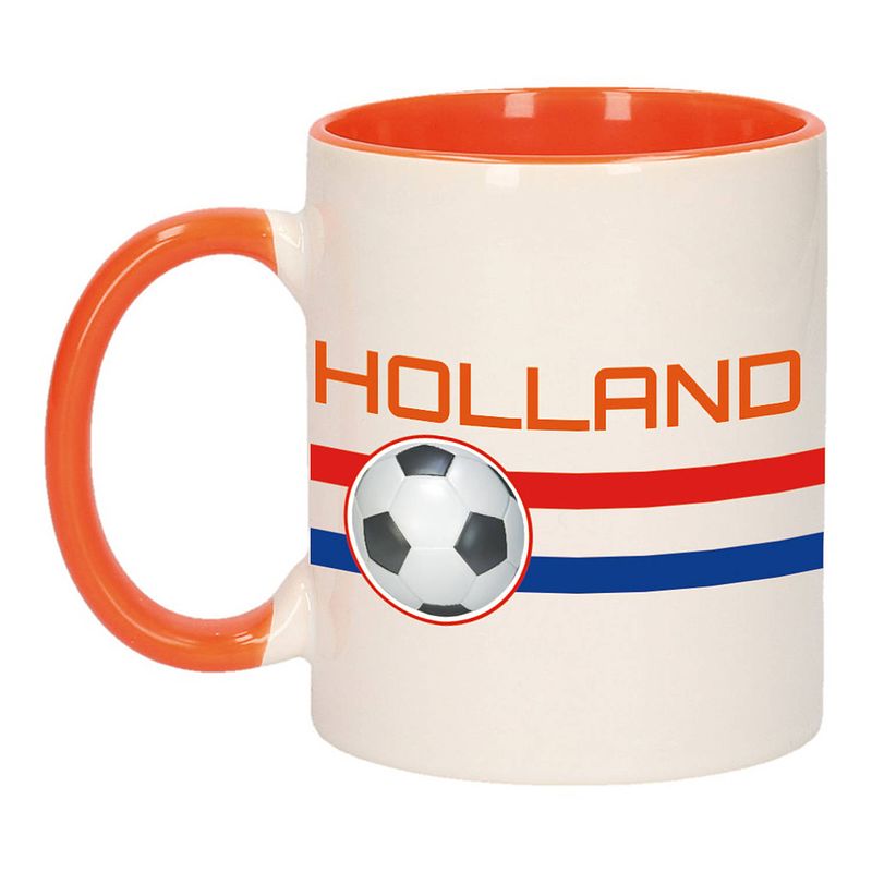Foto van Holland vlag met voetbal mok/ beker oranje wit 300 ml - feest mokken