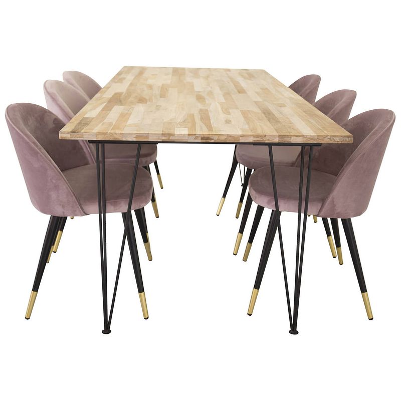 Foto van Bali eethoek eetkamertafel teakhout en 6 velvet eetkamerstal velours roze, zwart, messing decor.