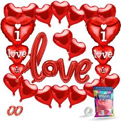 Foto van Fissaly® 21 stuks liefde & hartjes decoratie set met helium ballonnen en lint - i love you - hem & haar cadeautje - rood