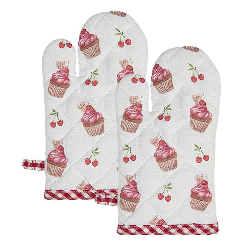 Foto van Haes deco - set van 2 ovenwanten voor een kind - 12x21 cm - 100% katoen - cherry cupcake