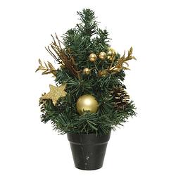 Foto van Mini kunst kerstbomen/kunstbomen met gouden versiering 30 cm - kunstkerstboom