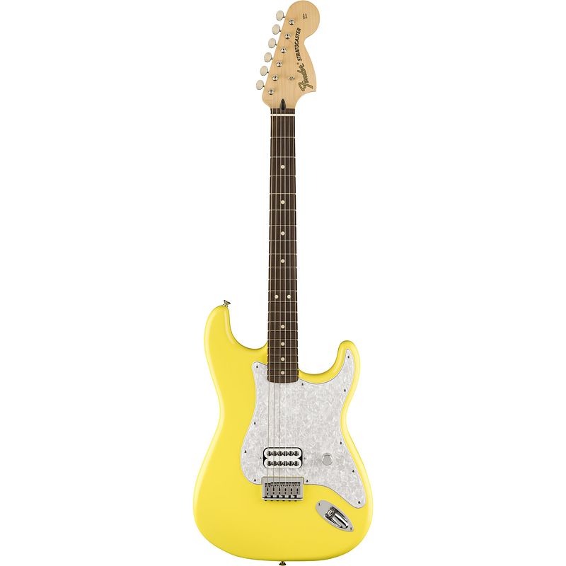 Foto van Fender tom delonge stratocaster rw graffiti yellow elektrische gitaar met deluxe gigbag