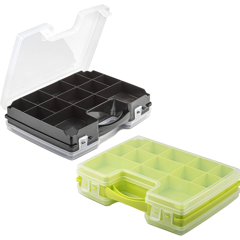 Foto van Forte plastics - 2x opberg vakjes doos/sorteerbox - 21-vaks kunststof - 28 x 21 x 6 cm - zwart/groen - opbergbox