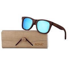 Foto van 5one® walnut blue - walnoot houten zonnebril - blauwe spiegellens
